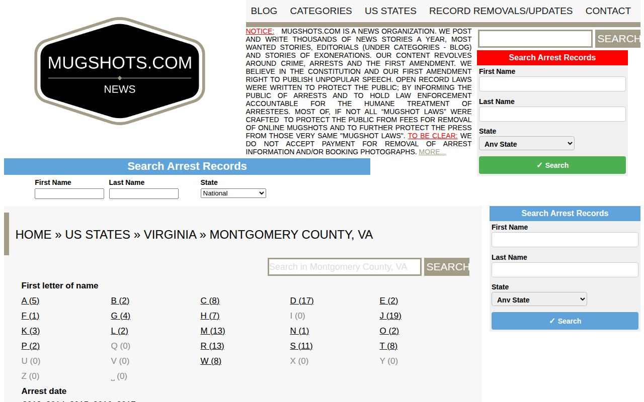Montgomery County Virginia historical record context, Mugshots.com county page