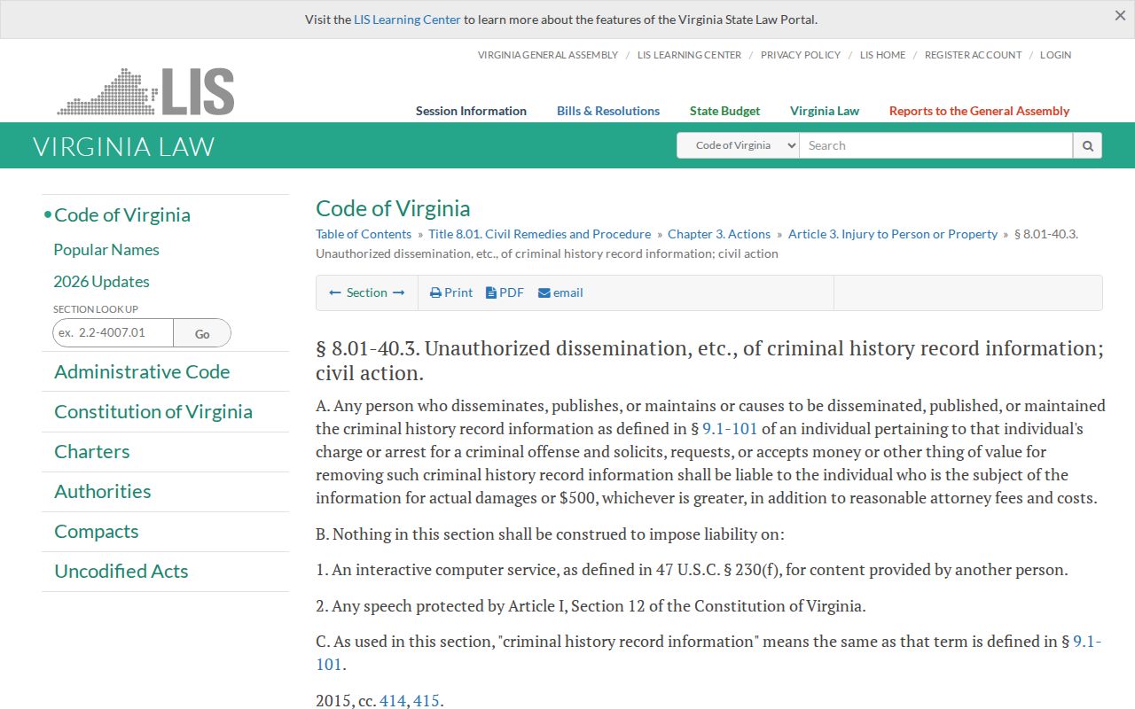 Montgomery County Virginia booking-record removal-law source page
